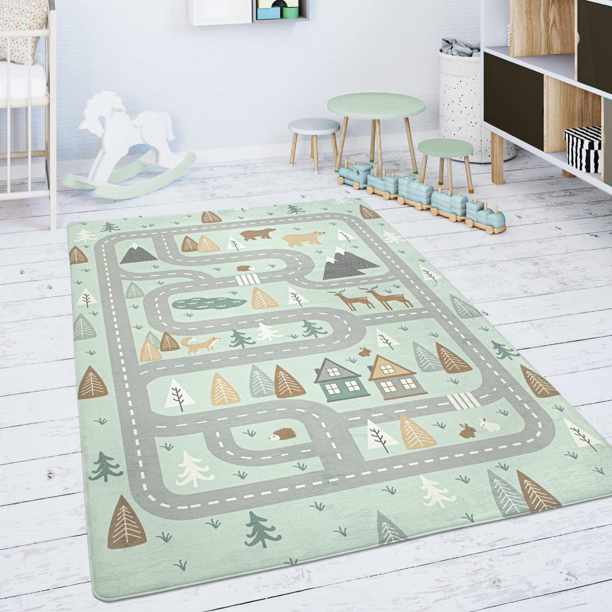 KINDERTEPPICH Waschbar, mit Waldwege‑Muster, Türkis, 80 x 150 cm - Blau, Textil (150/80cm) - KADIMA DESIGN