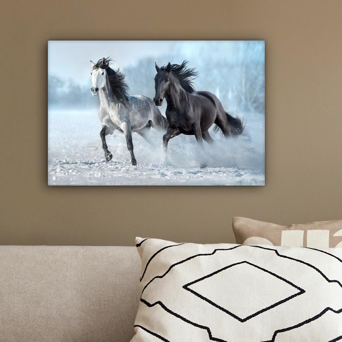 LEINWANDBILD Pferde - Winter - Tiere - Natur - Schnee Deko Schlafzimmer 30x20 cm - Anthrazit, Textil (30/20cm) - MuchoWow
