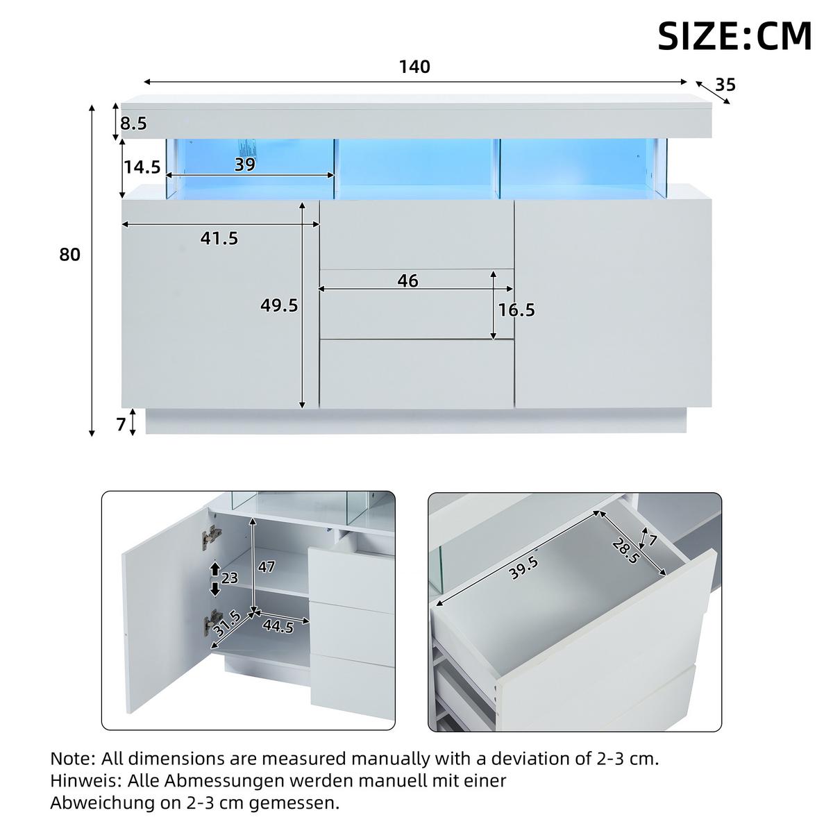 SIDEBOARD mit LED Weiß 140/35/80 CM - Weiß, Holzwerkstoff (35/80/140cm) - Urban Meuble