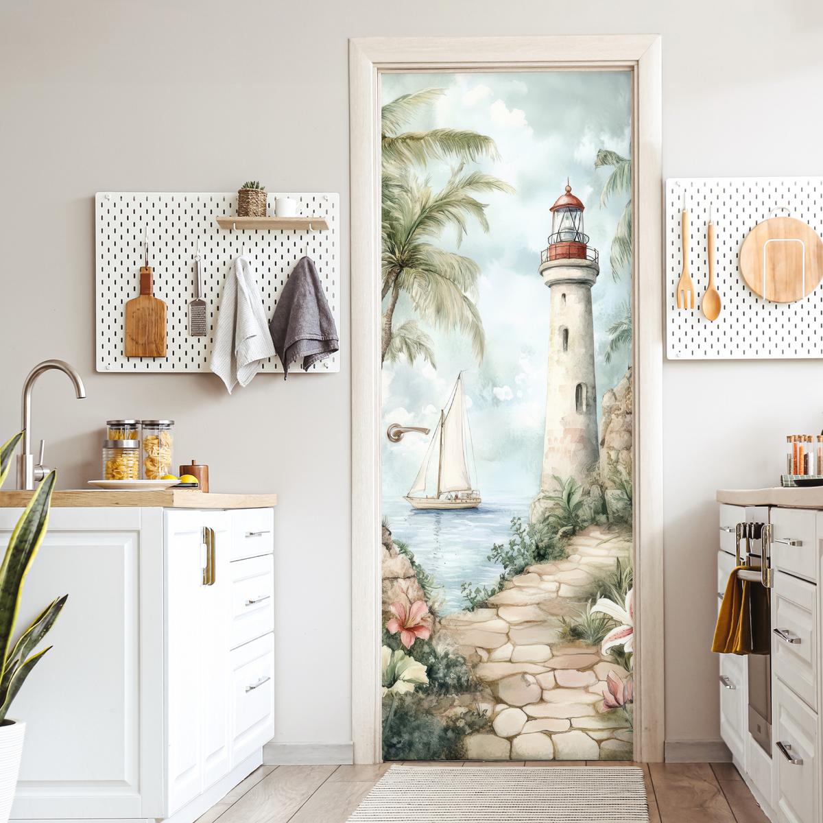 TÜRAUFKLEBER Leuchtturm - Natur - Landschaft - Boot 90x235 cm - Türtapete - Eichefarben, Kunststoff (90/0.1cm) - MuchoWow