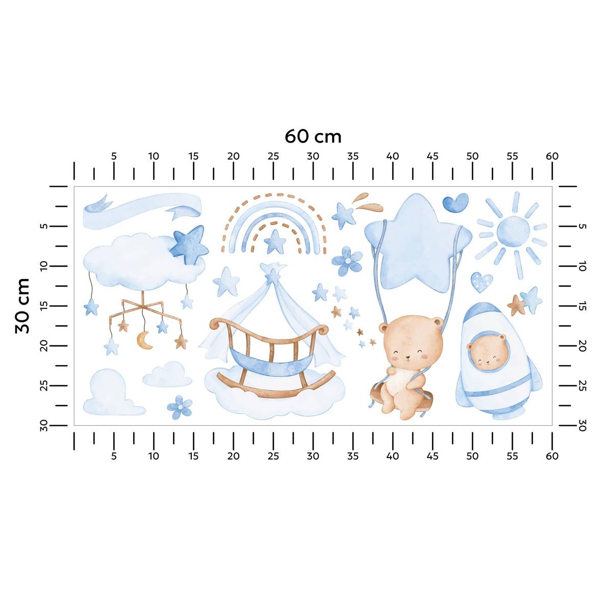 WANDSTICKER Teddybären blaue Wolken Sterne Regenbogen 60x30 - Blau/Beige, Papier (60/30/1cm) - Muralo