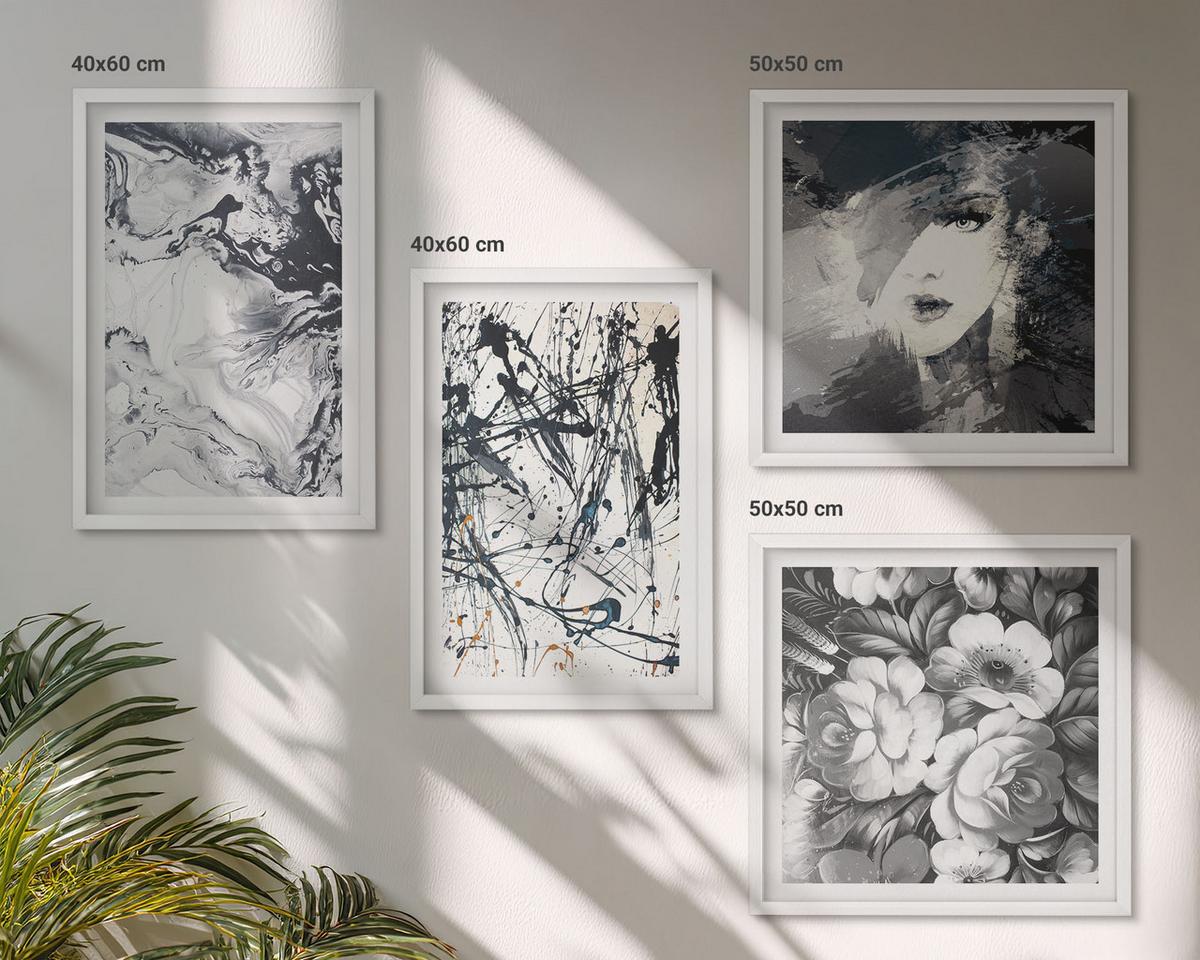 BILDER SET 4er Set - 50x50 cm & 40x60 cm Weißer Rahmen - Abstrakte schwarz-weiße Muster - Weiß, Kunststoff (50/50cm) - TULUP