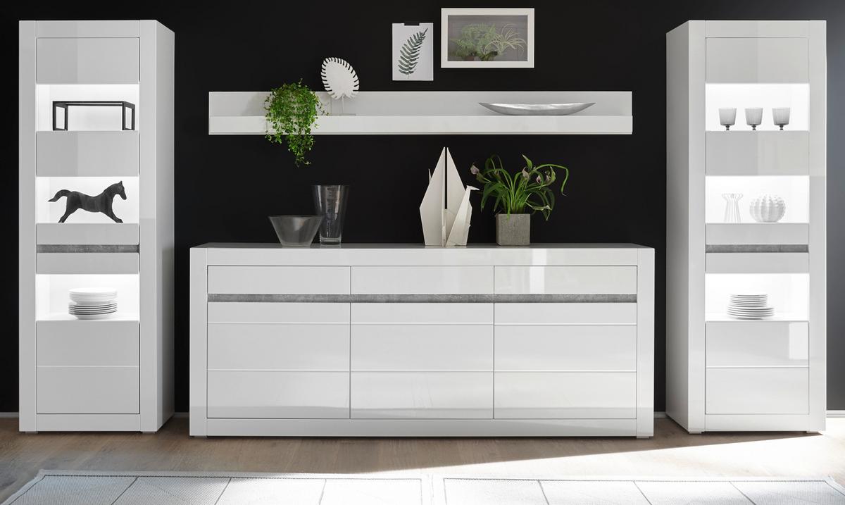 WOHNWAND weiß Hochglanz, Stone Design grau 4-teilig, Anbauwand mit Soft-Close - Weiß Hochglanz/Weiß, Glas/Holzwerkstoff (369/198/42cm) - Furn.Design