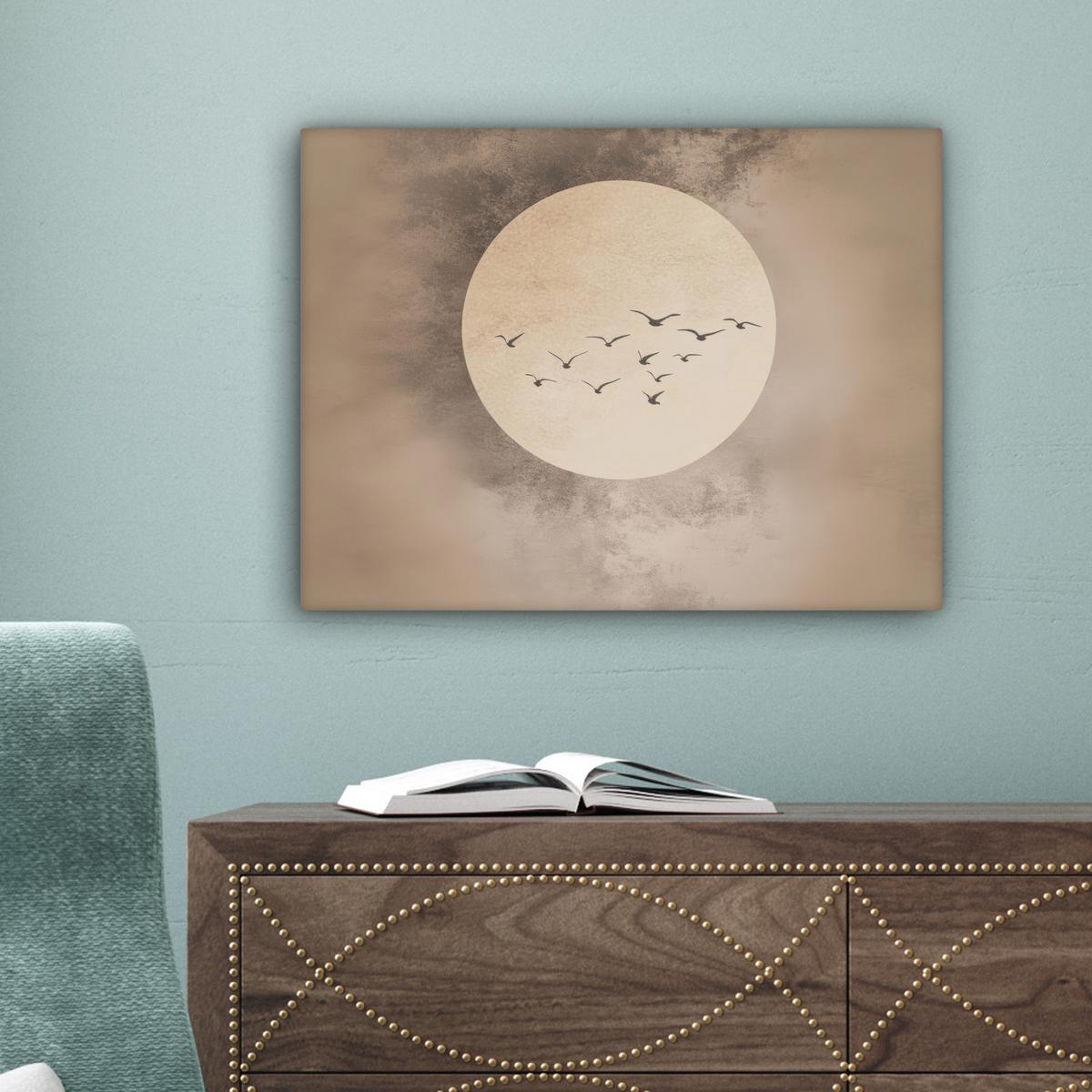 LEINWANDBILD Vogel - Beige - Japanisch Wandbild 40x30 cm - Taupe, Textil (40/30cm) - MuchoWow