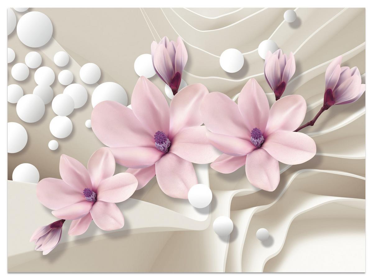 FOTOTAPETE für Wohnzimmer BLUMEN Magnolien ROSA Welliges Raumhintergrund 100x70 - Beige/Rosa, Papier (100/70cm) - Muralo