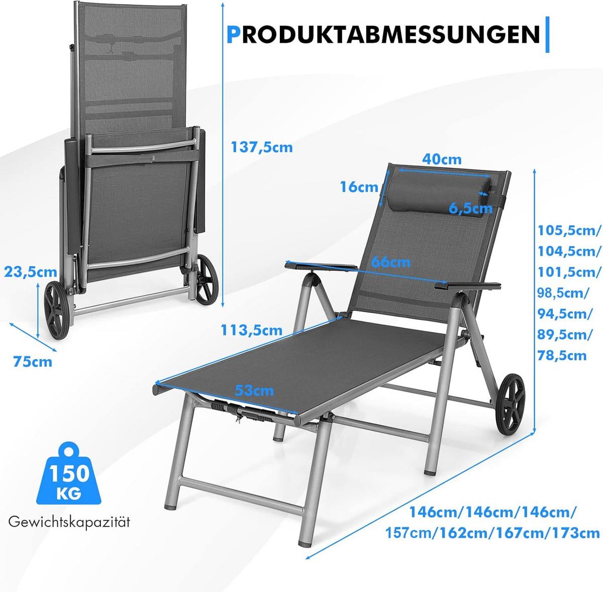 GARTENLIEGE Grau - Grau, Metall (173/78.5/66cm) - COSTWAY