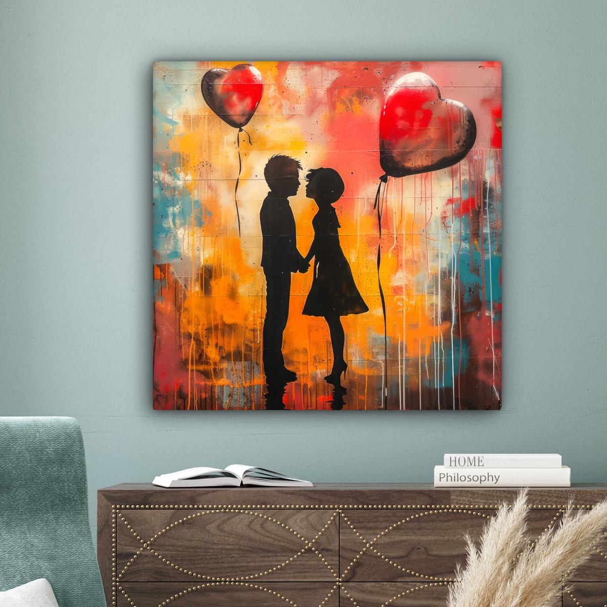 LEINWANDBILD Straßenkunst - Liebe - Graffiti - Kunst - Banksy Deko Groß 90x90 cm - Orange, Textil (90/90cm) - MuchoWow
