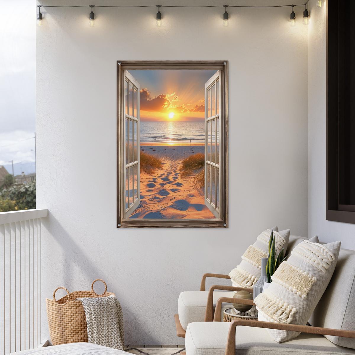 GARTENPOSTER Durchblick - Strand - Dünen - Sonnenuntergang Outdoor Bilder 80x120 cm - Orange, Kunststoff (80/120/0.2cm) - OnlyWow