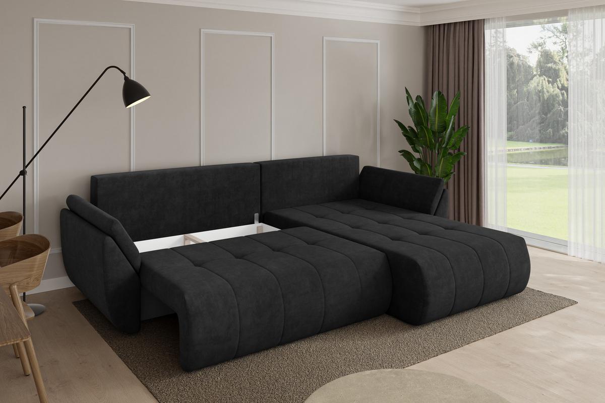 ECKSOFA mit Schlaffunktion Ottomane Rechts TOKO-L 277x194x86 Schwarz Velours - Schwarz, Holzwerkstoff/Kunststoff (277/194cm) - ALTDECOR