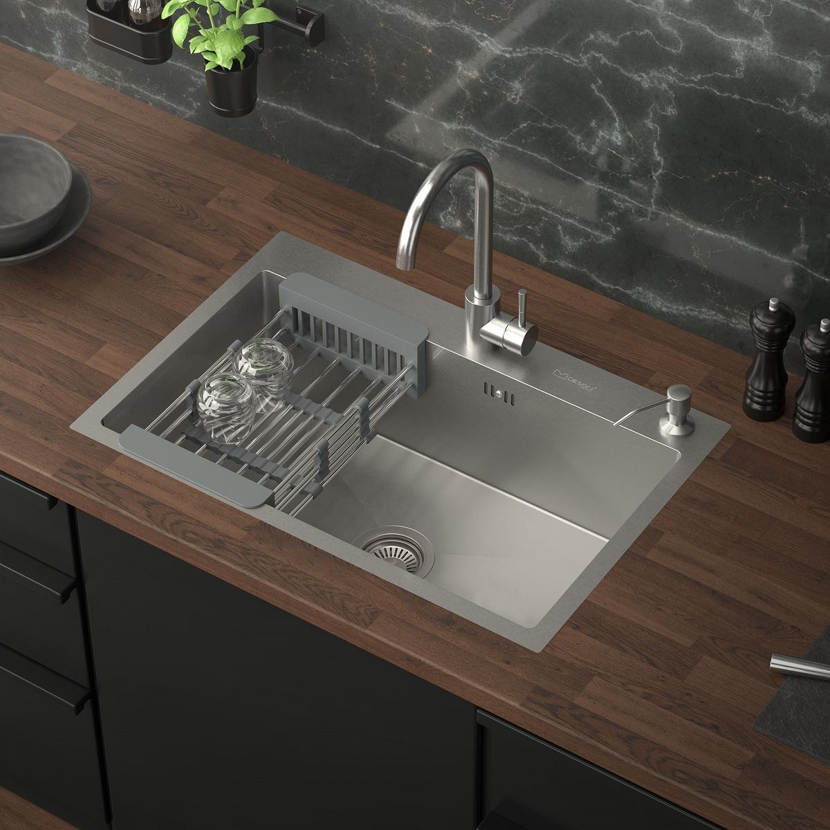 SPÜLBECKEN aus Edelstahl 68x45 cm mit Siphon und Seifenspender - Silberfarben, Metall (45/19/68cm) - ML-DESIGN