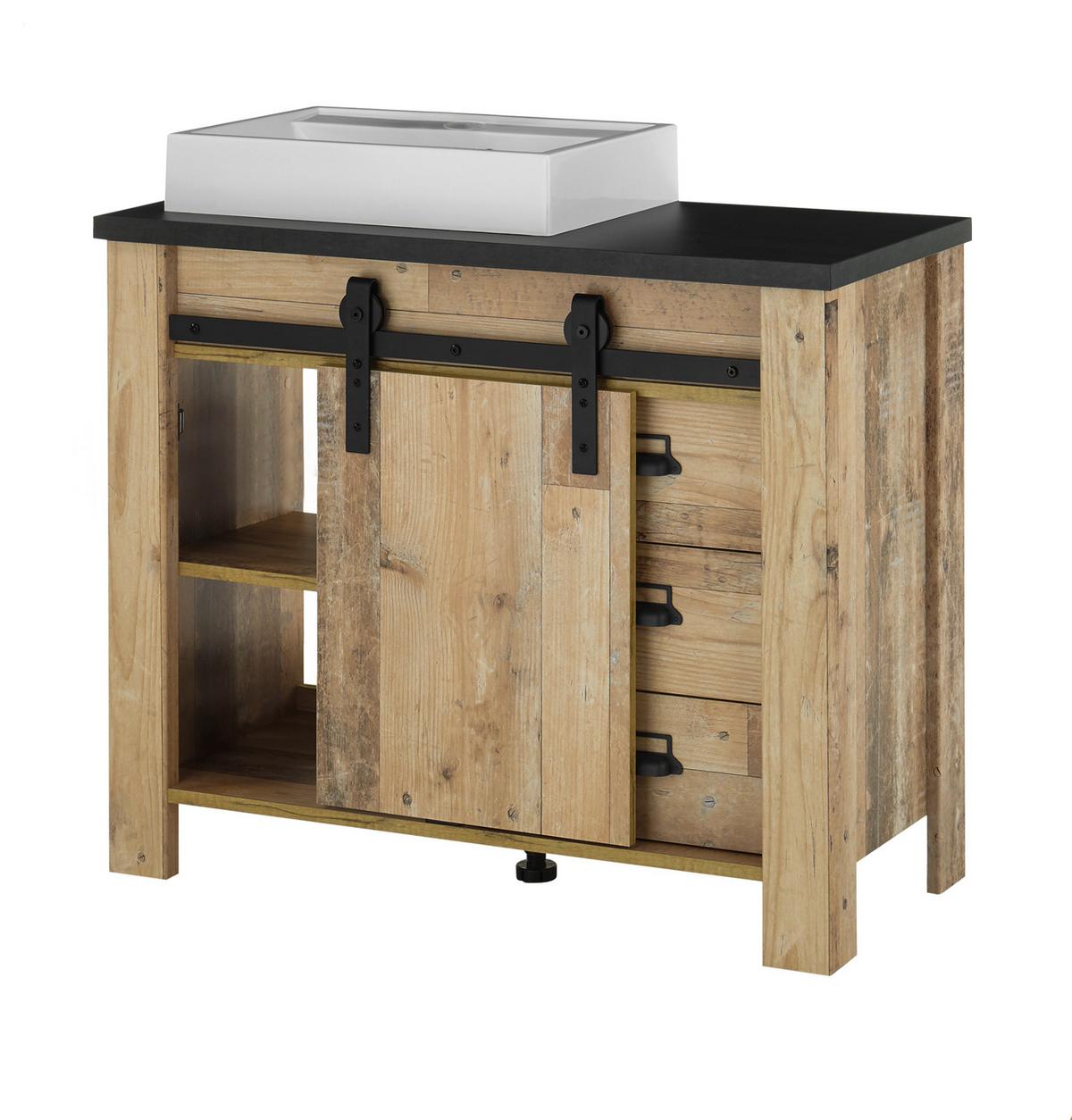 BADMÖBEL-SET 4-teilig, Used Wood hell, anthrazit, Badkombination mit Waschbecken LED Spiegellampe - Eichefarben/Anthrazit, Holzwerkstoff/Metall (95/210/43cm) - Furn.Design