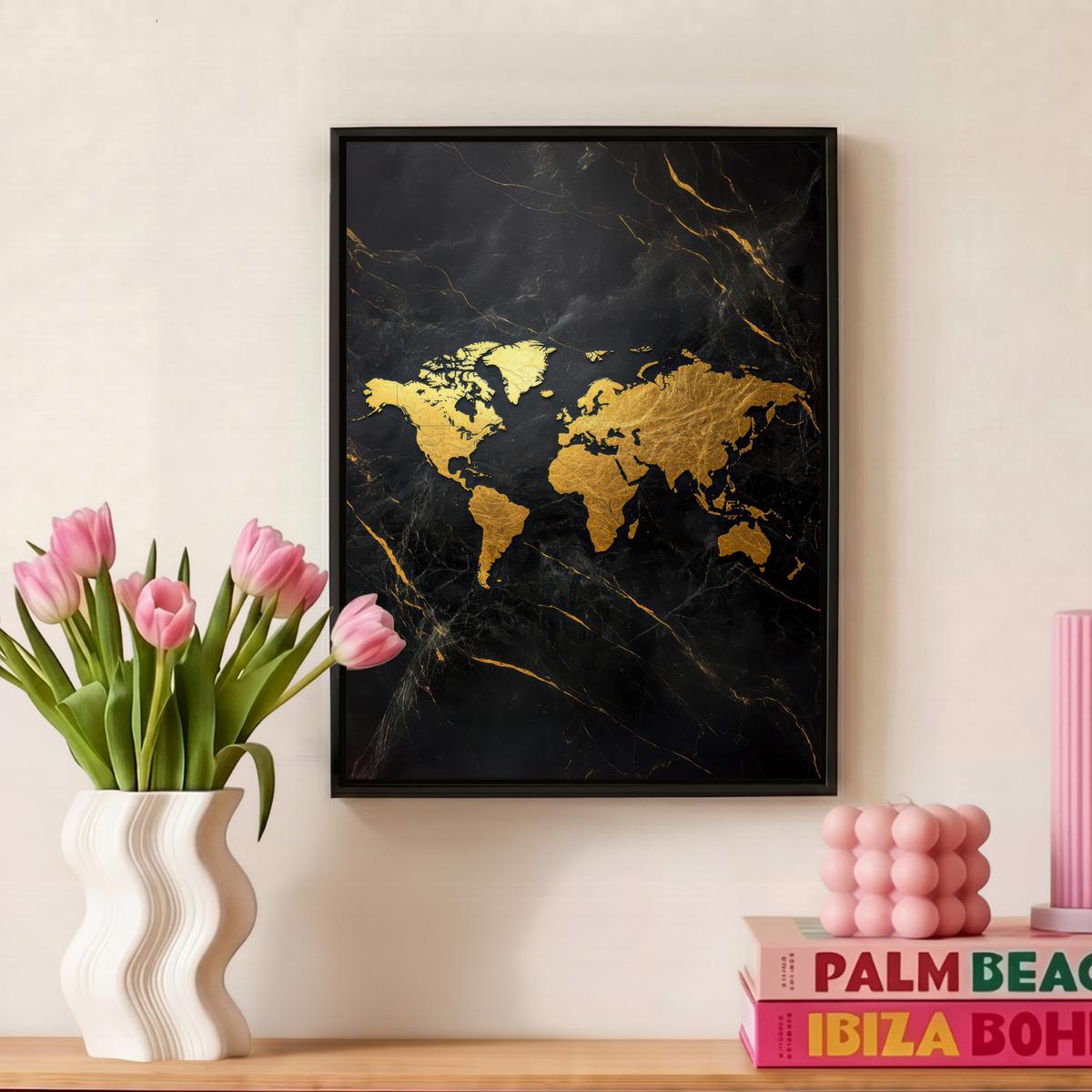 LEINWAND Bilder mit Rahmen - Weltkarte - Gold - Marmor - 30x40 - Goldfarben, Textil (30/40cm) - MuchoWow
