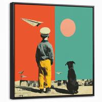 LEINWAND Bilder mit Rahmen - Retro - Junge - Hund - Rot - Grün - 50x50 - Orange, Textil (50/50cm) - MuchoWow