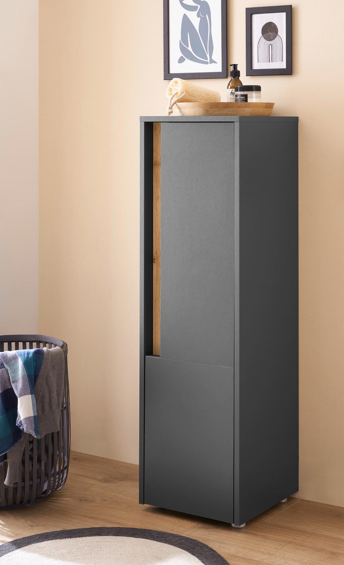 BAD-MIDISCHRANK grau matt, Wotan Eiche, Badmöbel Kommode 34 x 114 cm - Eiche Wotan/Schwarz, Holzwerkstoff/Kunststoff (34/114/34cm) - Furn.Design