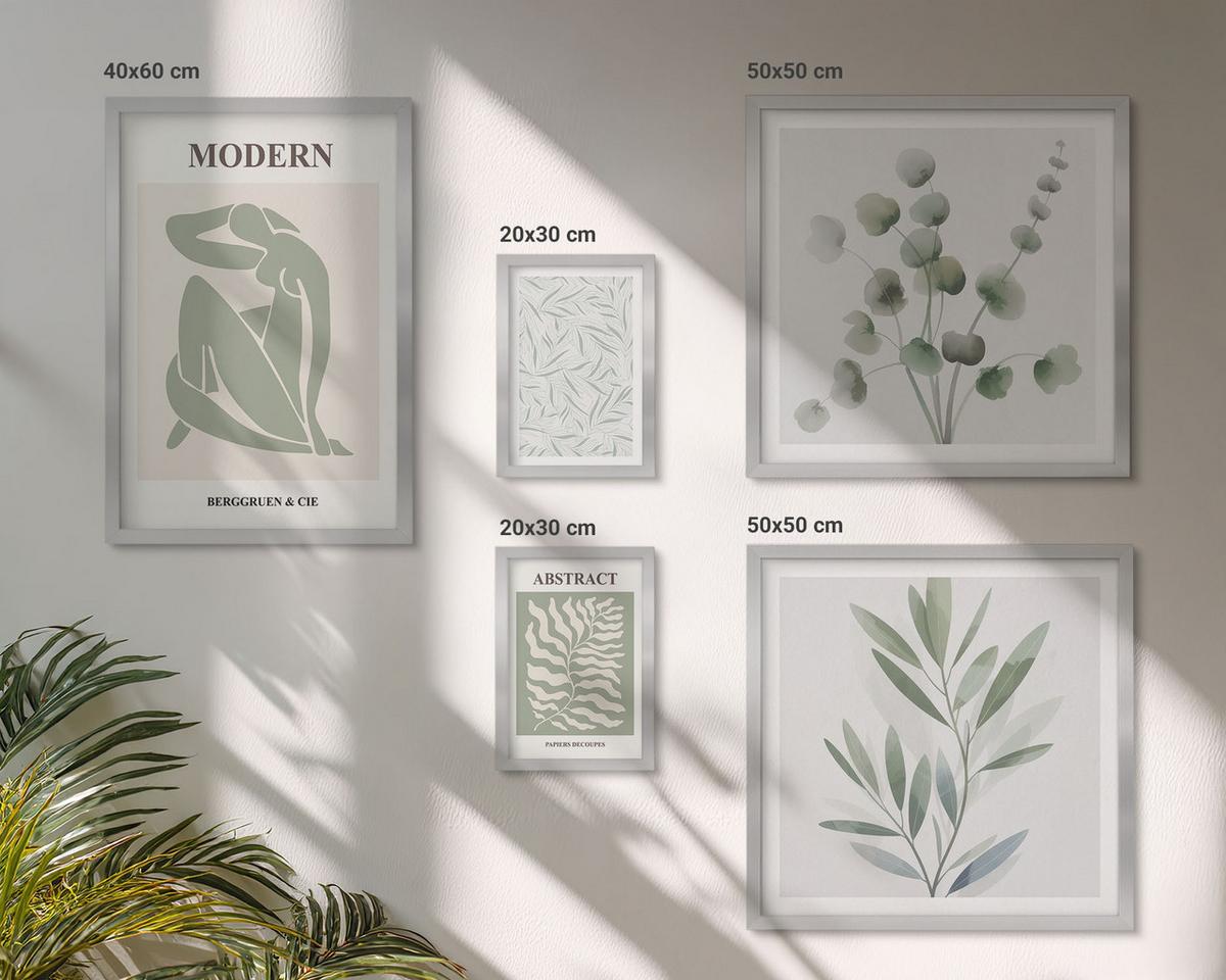 BILDER SET 5er Set - 50x50 cm & 20x30 cm & 40x60 cm Silberner Rahmen - Matisse entwirft Boho-Pflanzen - Silberfarben, Kunststoff (40/60cm) - TULUP