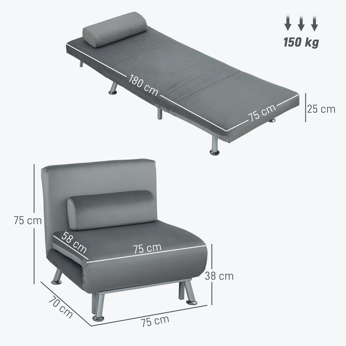 KLAPPBAR Schlafsessel Schlafsofa Klappmatratze Bett Gästebett Grau - Silberfarben/Grau, Textil/Metall (70/75/75cm) - HOMCOM
