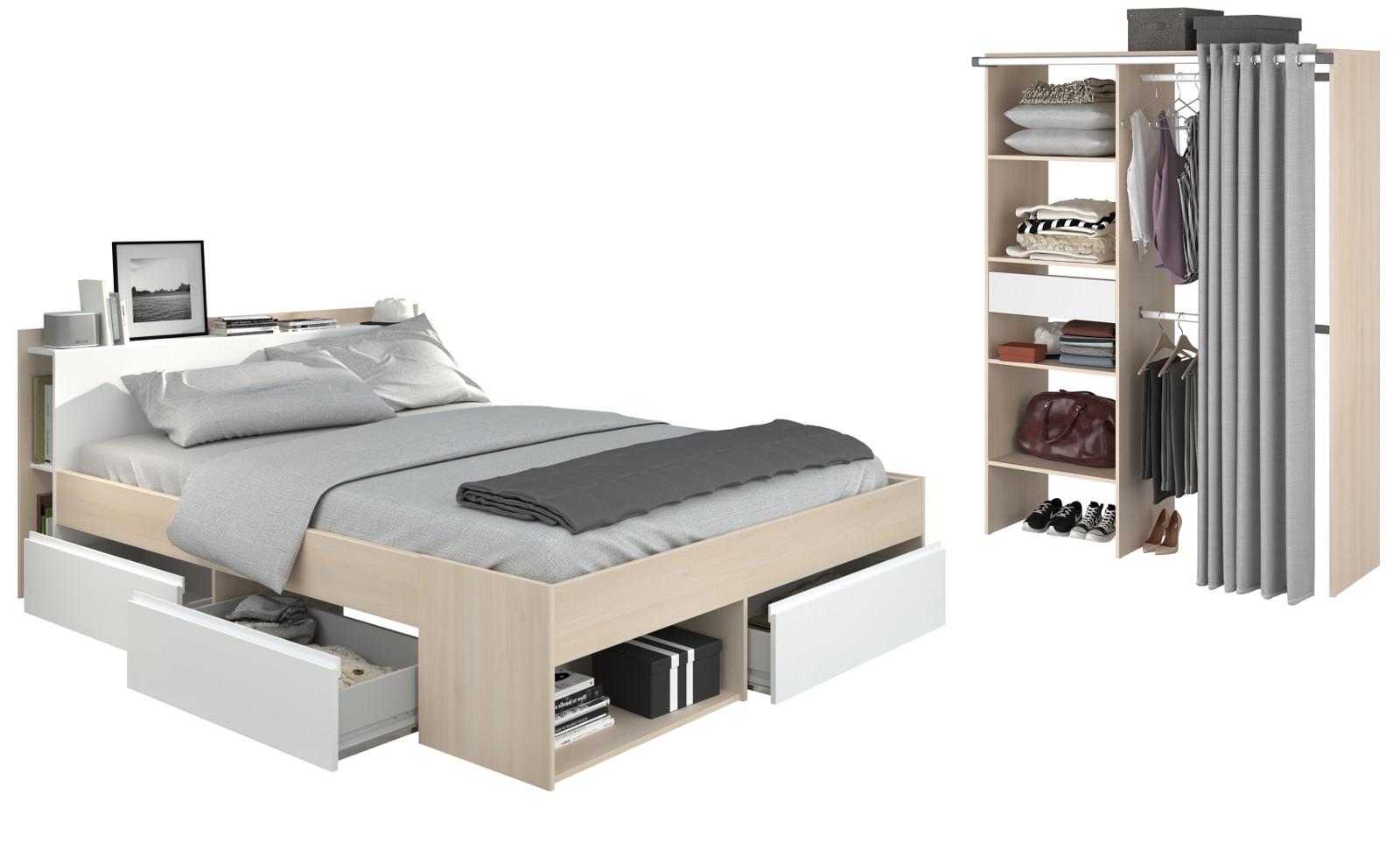 JUGEND-SCHLAFZIMMER Akazie, weiß, Komplettset mit Stauraumbett (160 x 200 cm) und Kleiderschrank - Weiß/Akaziefarben, Holzwerkstoff (170/182/220cm) - Parisot Meuble