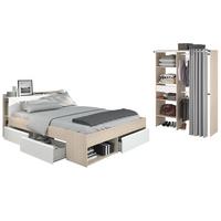 JUGEND-SCHLAFZIMMER Akazie, weiß, Komplettset mit Stauraumbett (160 x 200 cm) und Kleiderschrank - Weiß/Akaziefarben, Holzwerkstoff (170/182/220cm) - Parisot Meuble