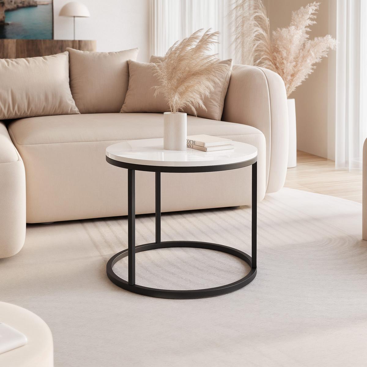 COUCHTISCH 50 cm rund Weiß Hochglanz, Schwarz Gestell - Weiß Hochglanz, Holzwerkstoff (50/50/42cm) - Idohome