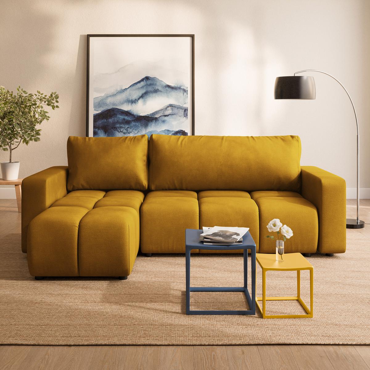 ECKSOFA RAMIL Gelb Plüsch-Stoff mit Schlaffunktion - Gelb, Holz (240/149cm) - MASSENO