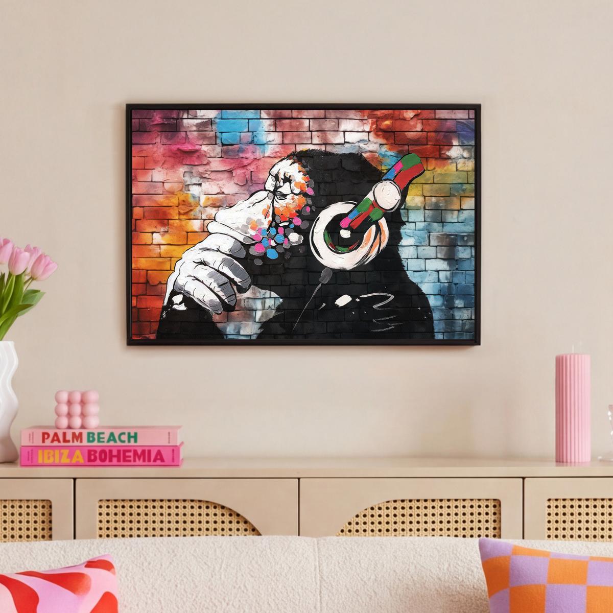 LEINWAND Bilder mit Rahmen - Affe - Graffiti - Musik - 60x40 - Multicolor, Textil (60/40cm) - MuchoWow