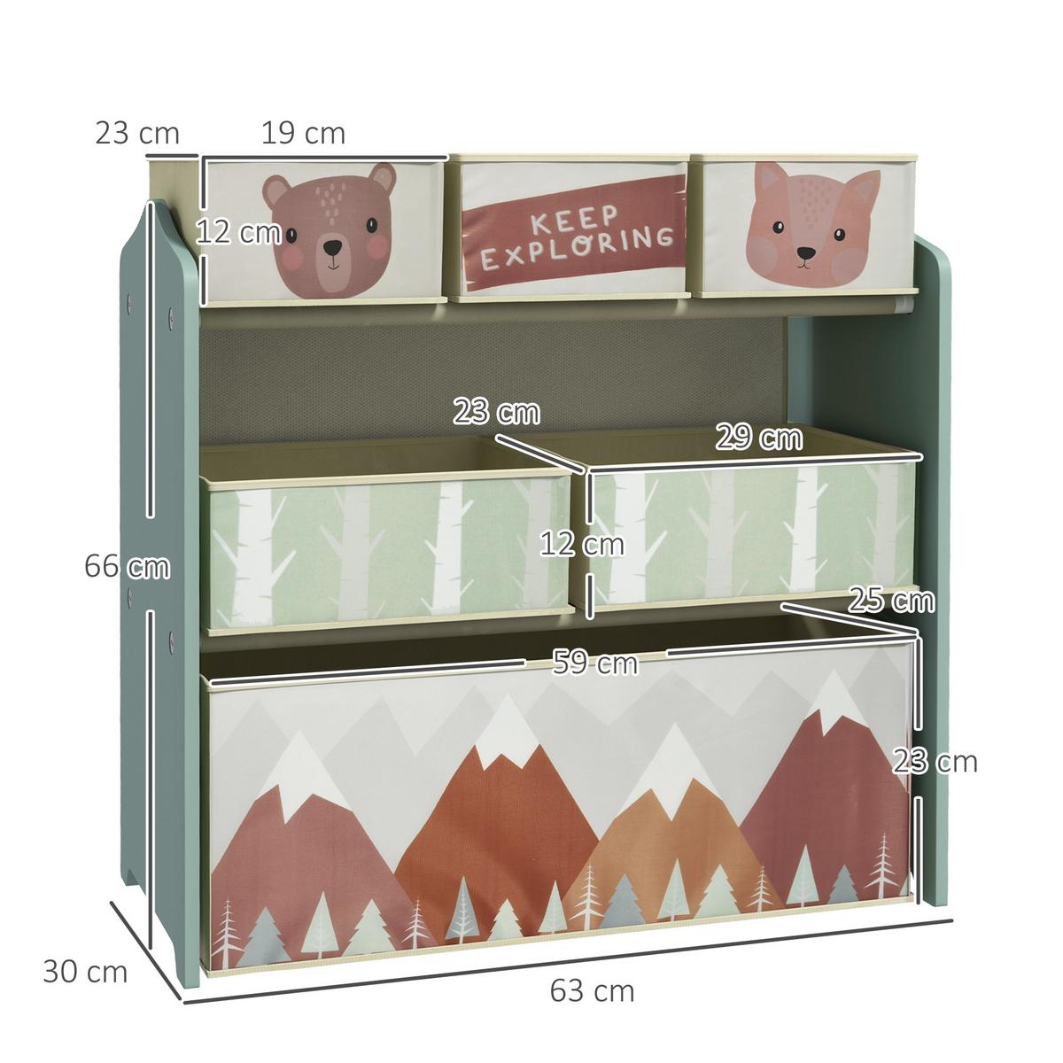 KINDERREGAL Spielzeugregal mit 6 herausnehmbare Boxen aus Vliesstoff, Grün - Grün, Holzwerkstoff (30/66/63cm) - ZONEKIZ