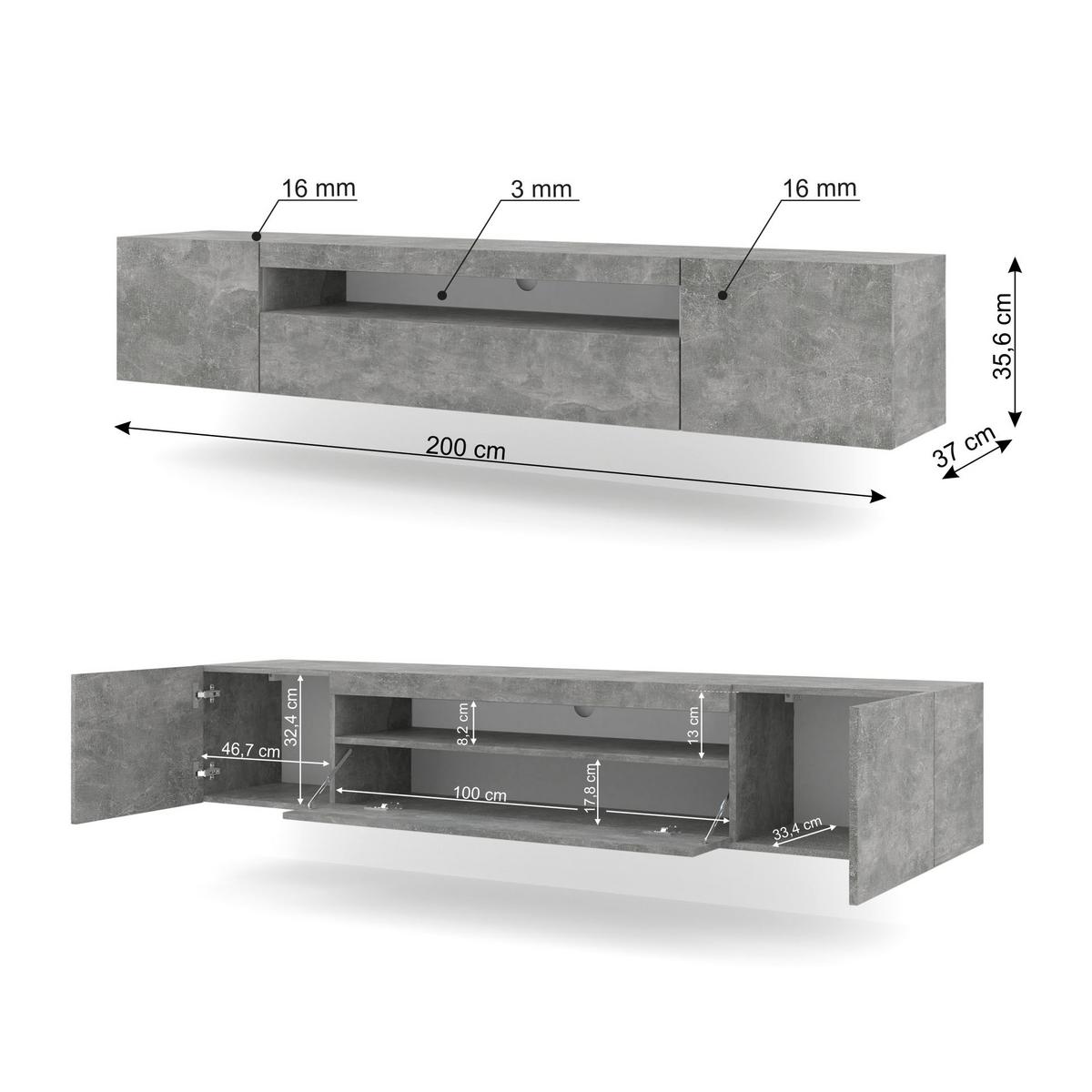 TV LOWBOARD Beton 200/42/37 - Grau, Holzwerkstoff (200/42/37cm) - RAUMHIRSCH FURNITURE