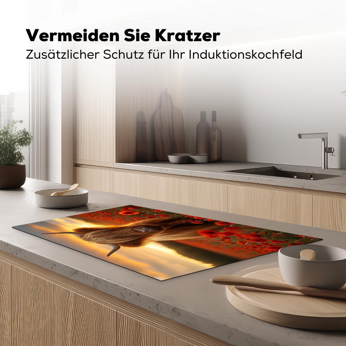 HERDABDECKPLATTE Schottische Highlander - Rosen - Blumenfeld - Sonnenuntergang Ceranfeldabdeckung 85x52 cm - Rotbraun, Kunststoff (85/52/0.2cm) - MuchoWow