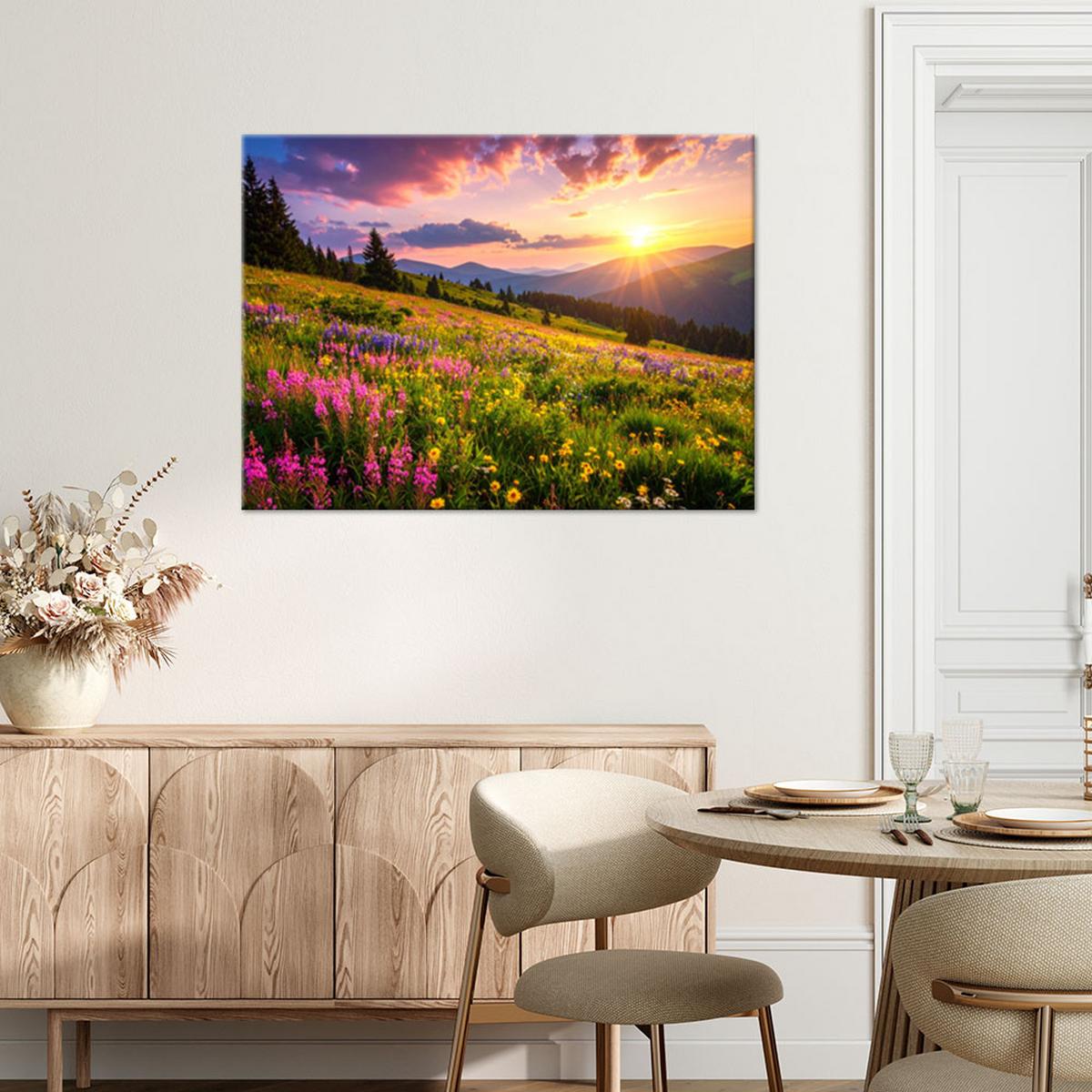 LEINWANDBILD Wiese Blumen Berglandschaft Natur 120x80cm - Multicolor, Textil (120/80cm) - Feeby