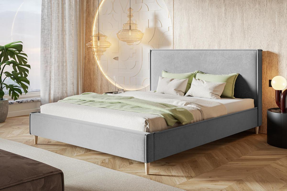 POLSTERBETT LUX RICO mit Kopfteil, 140 x 200 cm, Doppelbett mit Lattenrost aus Holz, Velourstoff Hellgrau, Füße in Farbe: Braun - Hellgrau, Holz/Textil (140/200cm) - Alpi-Möbel