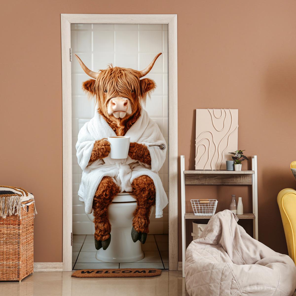 TÜRAUFKLEBER Schottischer Highlander - WC - Bademantel - Modern - Tiere 85x215 cm - Türtapete - Kastanienfarben, Kunststoff (85/0.1cm) - MuchoWow