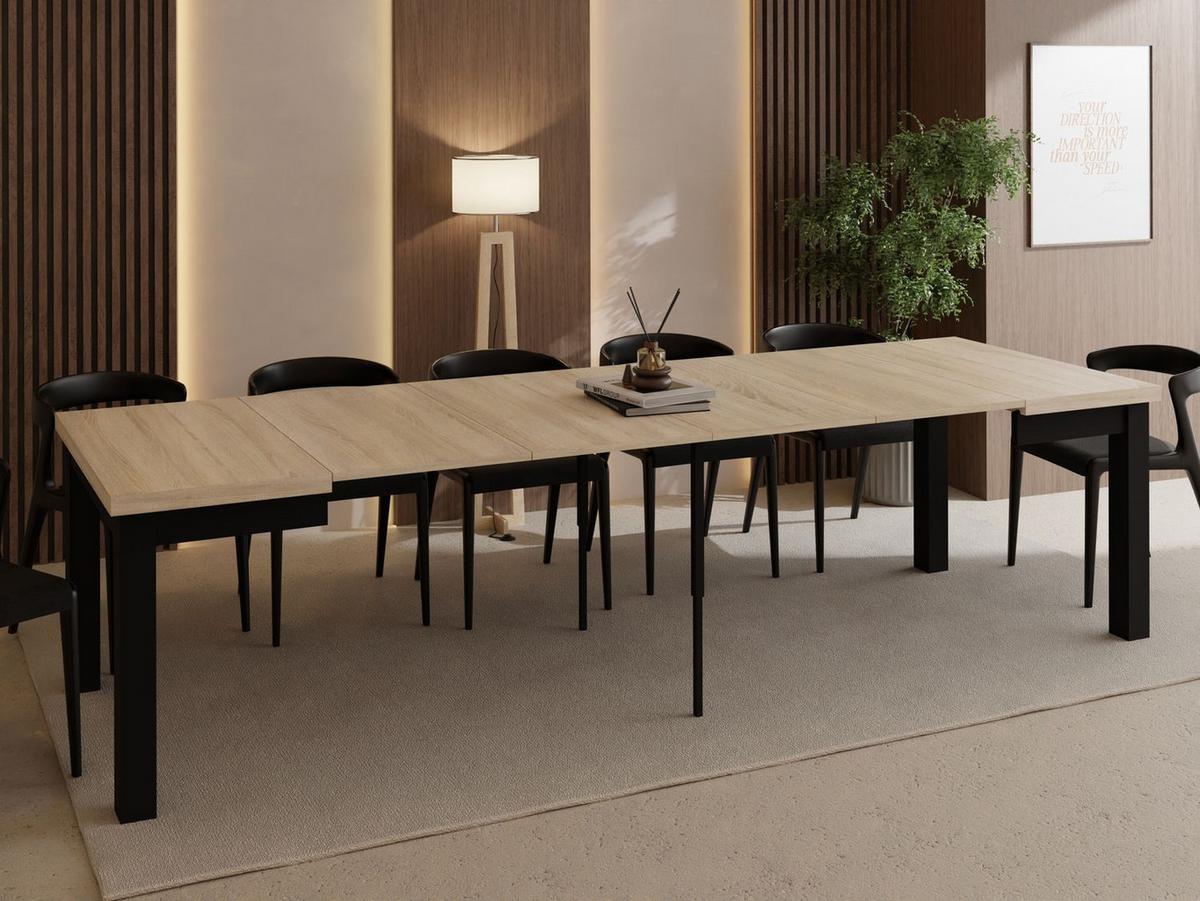 ESSTISCH Toren ausziehbar verlängerbar quadratisch, Eiche Sonoma Hellbraun 90-290/90/76.5 cm - Schwarz/Sonoma Eiche, Holz/Holzwerkstoff (90/290/76.5cm) - WFL GROUP
