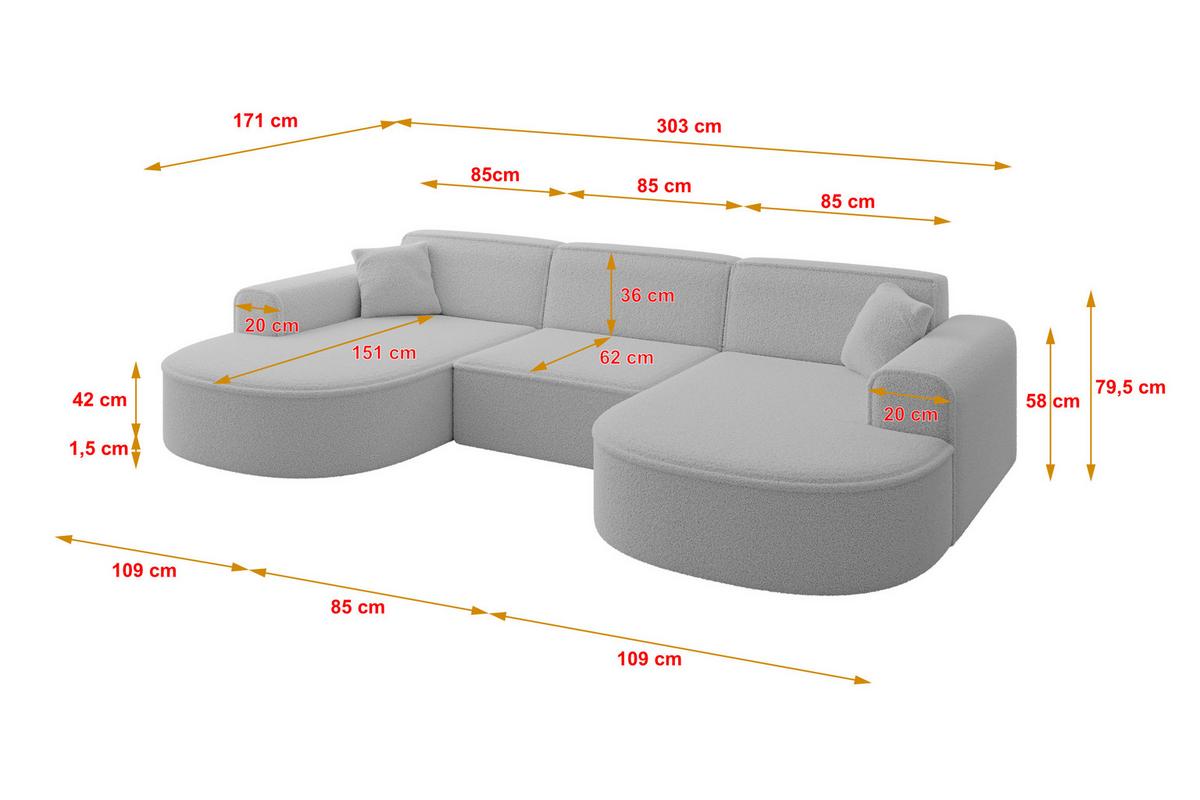 WOHNLANDSCHAFT MARI-U1 - 303x171x79 cm Hellgrau Bouclé - Hellgrau/Schwarz, Holzwerkstoff/Kunststoff (303/79/171cm) - ALTDECOR