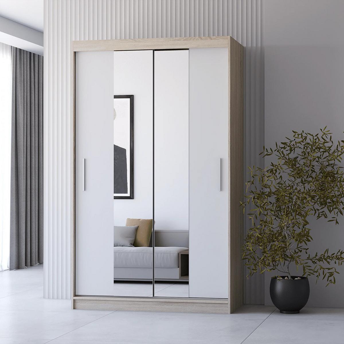 SCHWEBETÜRENSCHRANK Neomi 01 Sonoma Eiche/Weiß mit Spiegel 120 cm - Alufarben/Weiß, Holzwerkstoff/Kunststoff (120/200/61cm) - imoebel24