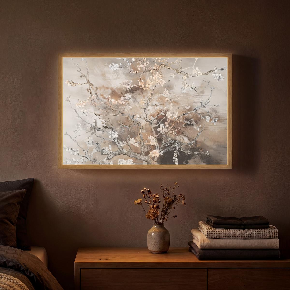 WANDLEUCHTE MIT AKKU Mandelblüte - Kunst - Van Gogh - Beige - Abstrakt 60x40 cm - Graubraun, Holzwerkstoff (60/40/8cm) - OnlyWow