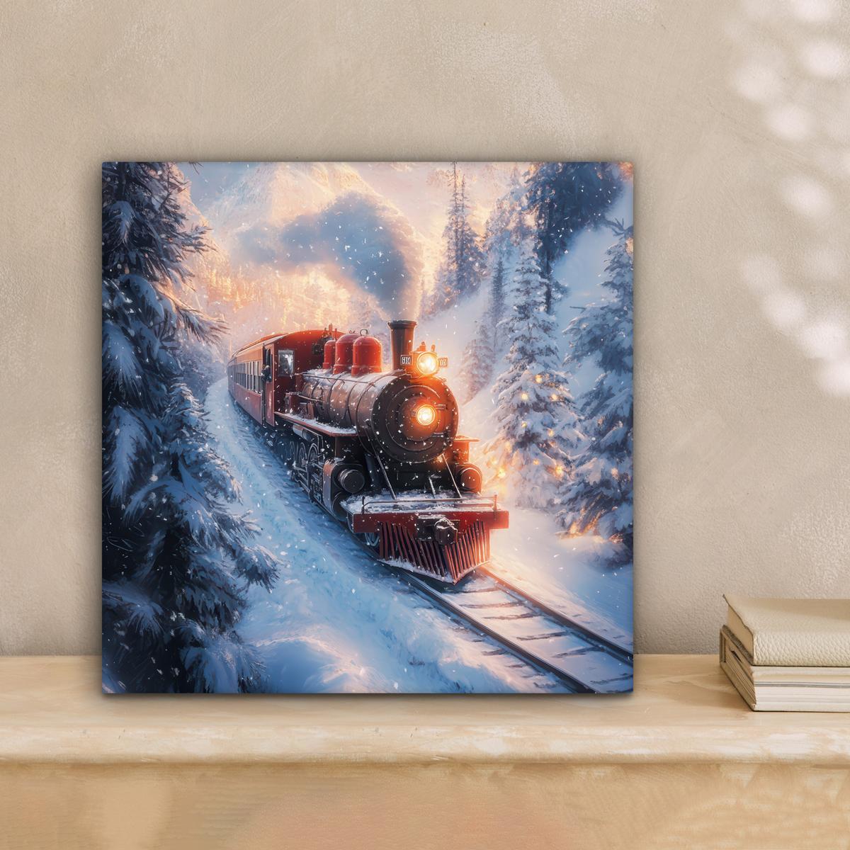 LEINWANDBILD Weihnachtszug - Schnee - Winter - Weihnachten Deko Wohnzimmer 20x20 cm - Dunkelrot, Textil (20/20cm) - MuchoWow