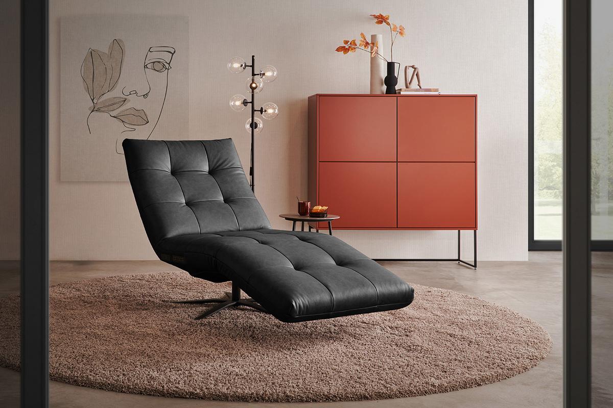 RELAXLIEGE LETICIA Schwarz Leder Drehbar (360°), Relaxfunktion - Schwarz, Leder/Metall (82/115/156cm) - KAWOLA