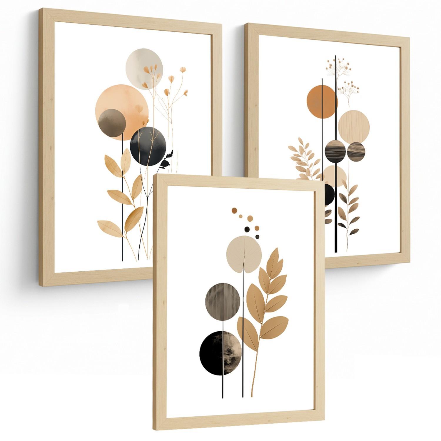 POSTER 3er-Set Wandbilder Geometrische Blumen modern Wohnzimmer Deko, Schlafzimmer, Küche, Badezimmer Leichter Holzrahmen A3 - Beige, Papier (29.7/1/42cm) - Nacnic