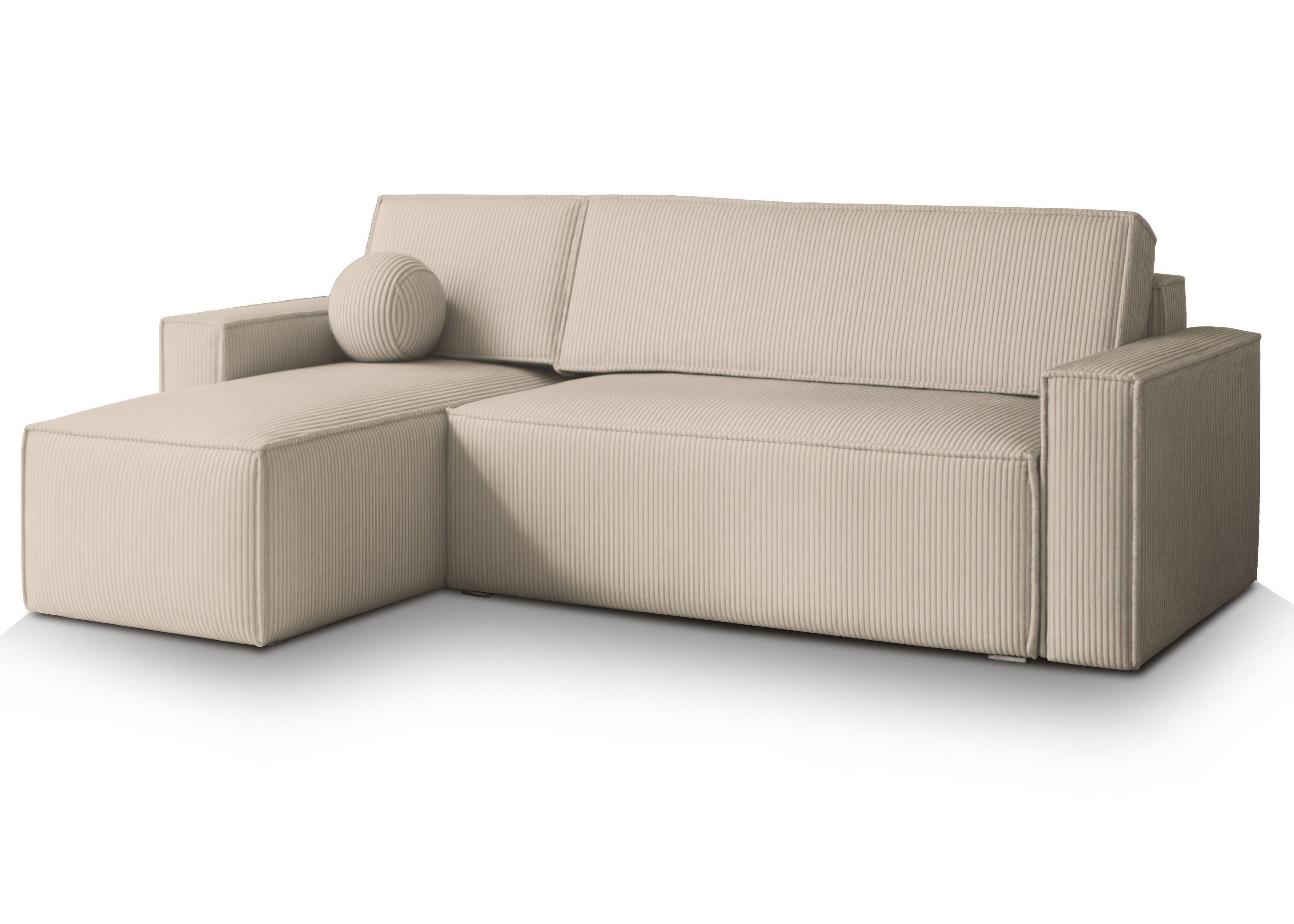 ECKSOFA RAVELO P Creme Kordstoff mit Schlaffunktion - Creme/Grau, Holz/Kunststoff (240/140cm) - MASSENO