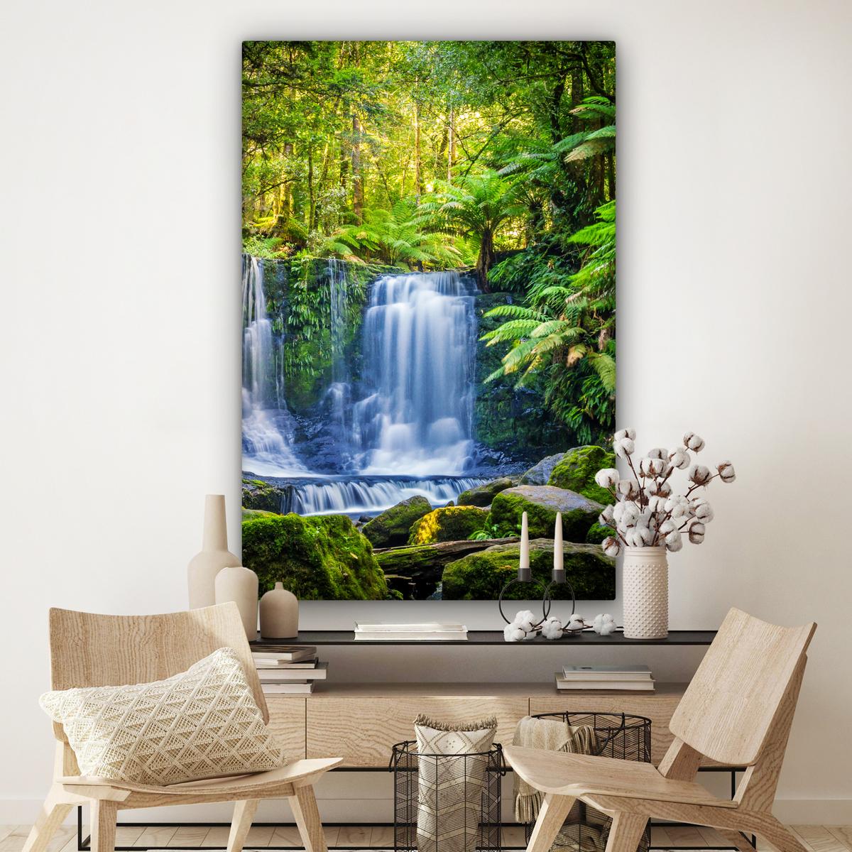 LEINWANDBILD Dschungel - Wasserfall - Australien - Pflanzen - Natur Deko Groß 90x140 cm - Dunkelgrün, Textil (90/140cm) - MuchoWow