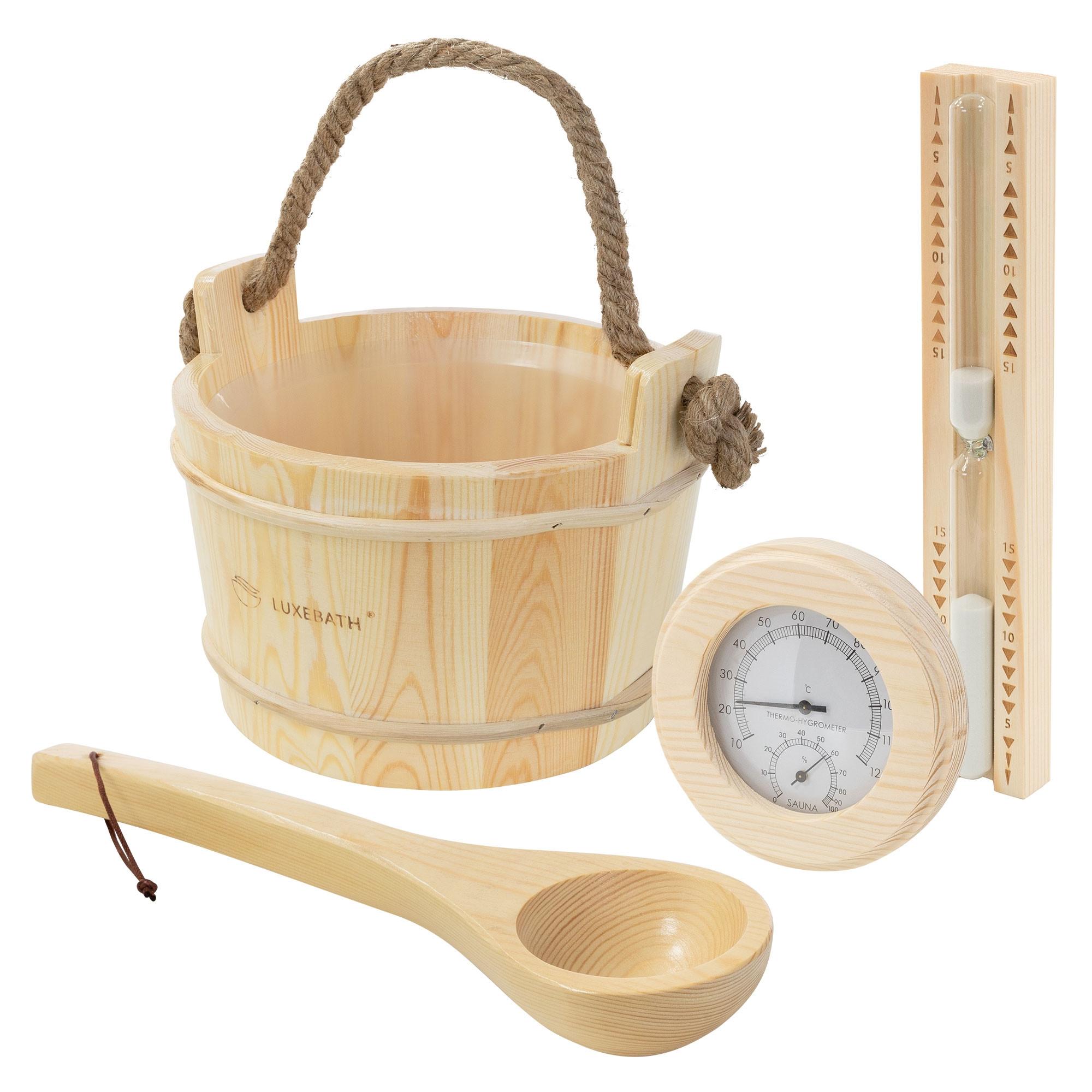 SAUNAZUBEHÖR-SET 4-teilig aus Kiefernholz mit Saunaeimer, Saunakelle, Thermometer-Hygrometer & Sanduhr - Naturfarben, Holz (37/30/27.5cm) - LuxeBath