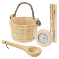 SAUNAZUBEHÖR-SET 4-teilig aus Kiefernholz mit Saunaeimer, Saunakelle, Thermometer-Hygrometer & Sanduhr - Naturfarben, Holz (37/30/27.5cm) - LuxeBath