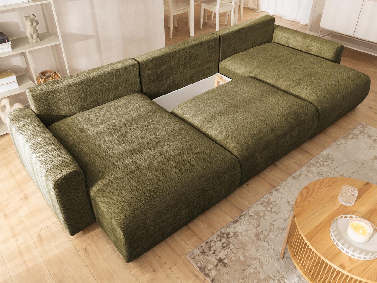 WOHNLANDSCHAFT Calma mit Schlaffunktion und Bettkasten im Bumpy-Design aus weichem Grün Chenille-Stoff - Schwarz/Grün, Holz/Kunststoff (336/88/140cm) - S-Style