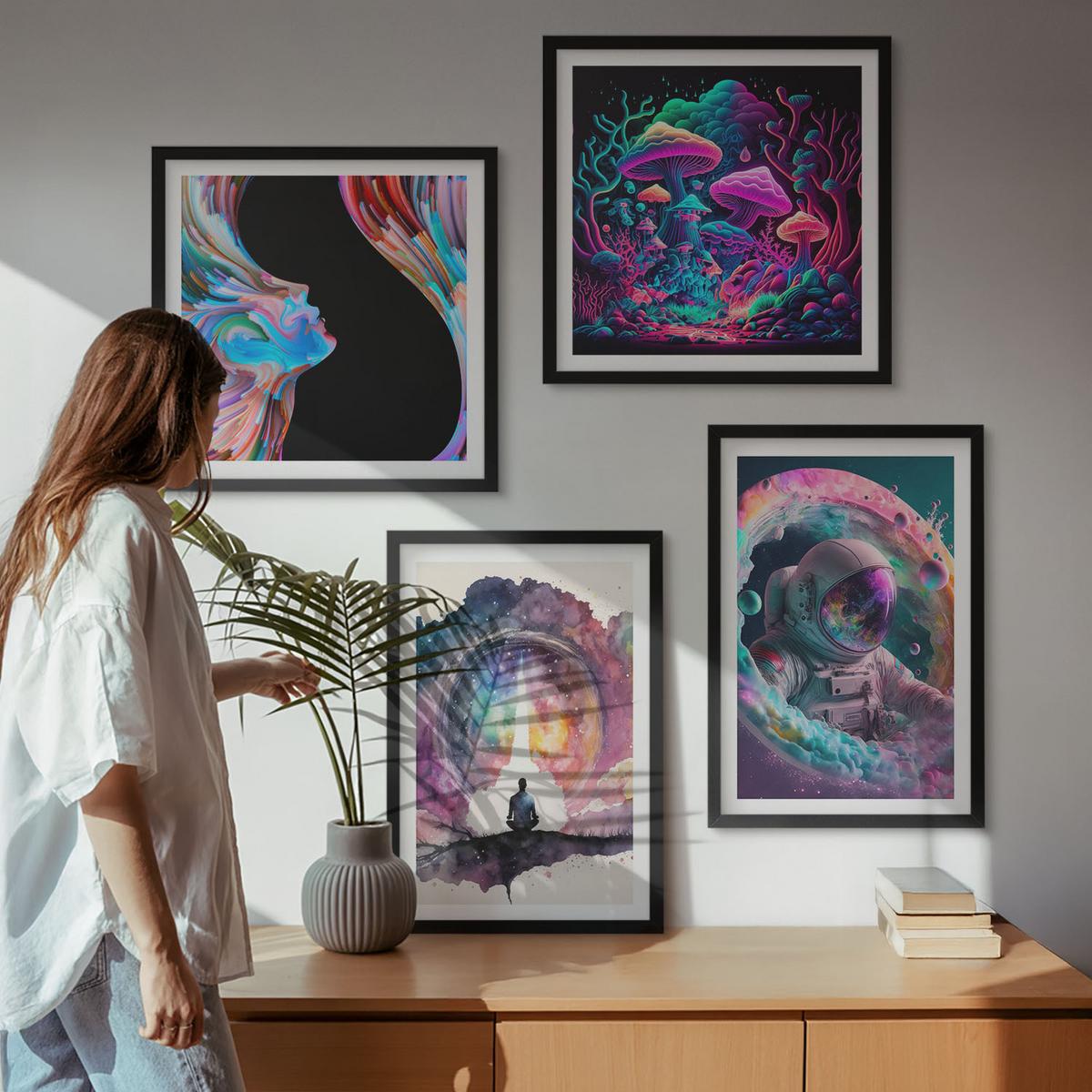 BILDER SET 4er Set - 50x50 cm & 40x60 cm Schwarzer Rahmen - Farbenfrohe Fantasy-Kunstillustrationen - Schwarz, Kunststoff (50/50cm) - TULUP