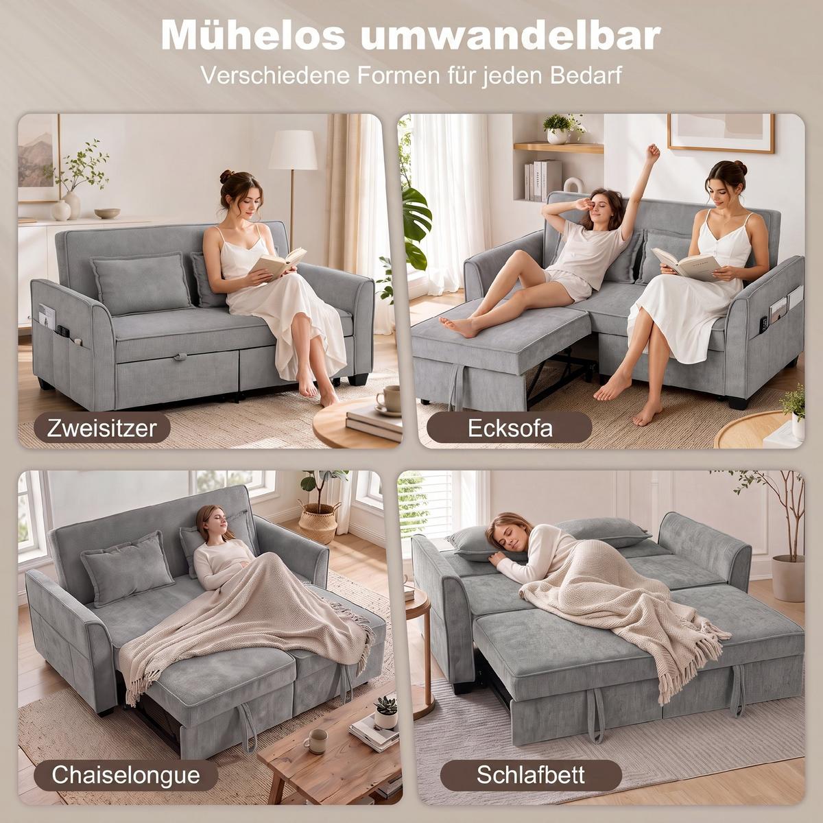 SCHLAFSOFA Polyester Grau - Grau, Kunststoff/Textil (89/85/167cm) - HOMCOM