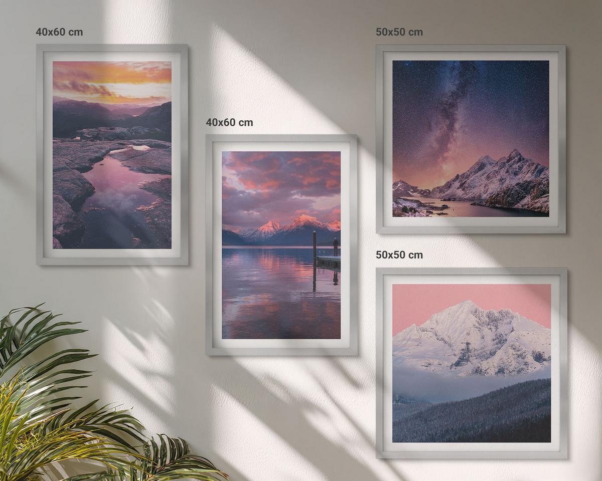 BILDER SET 4er Set - 50x50 cm & 40x60 cm Silberner Rahmen - Berge, Wasser, wunderschöne Landschaften - Silberfarben, Kunststoff (50/50cm) - TULUP
