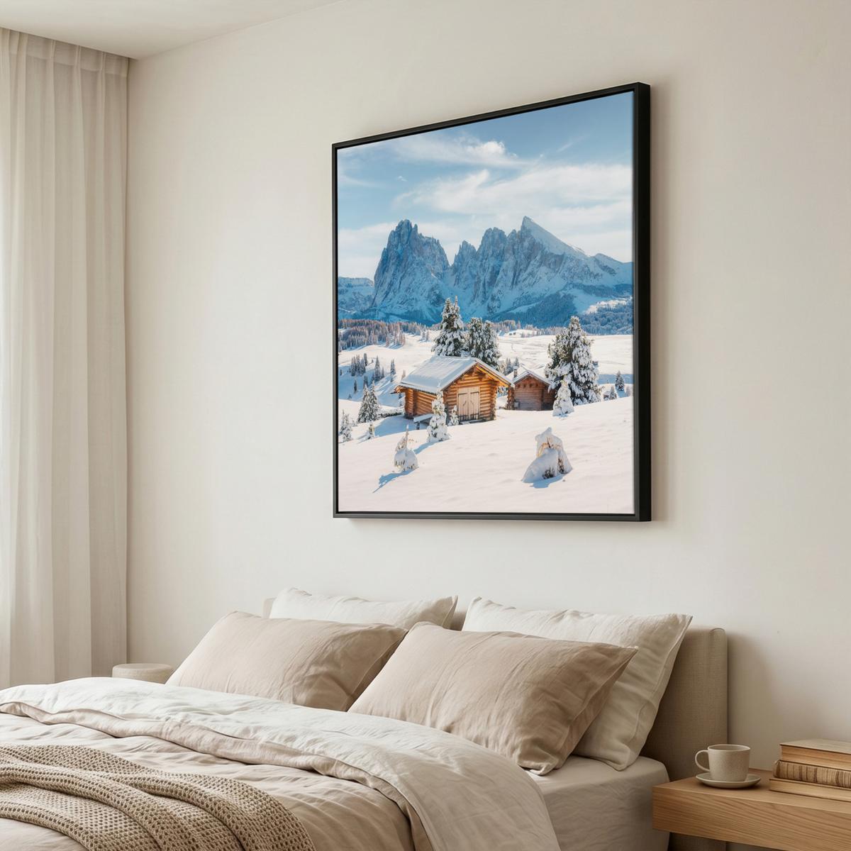 LEINWAND Bilder mit Rahmen - Winter - Hütte - Berge - Aussicht - Schnee - 90x90 - Eichefarben, Textil (90/90cm) - MuchoWow