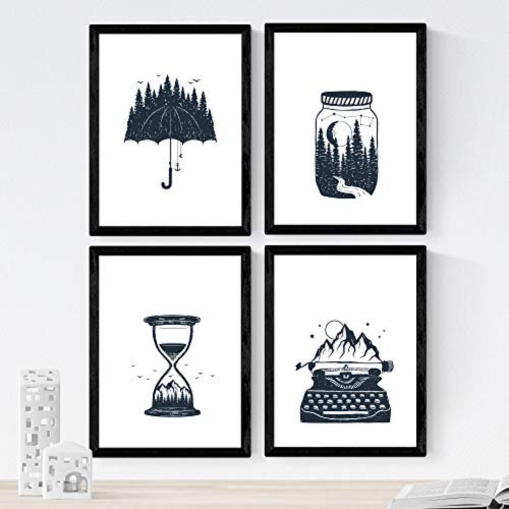 POSTER Set mit 4 Natur im nordischen Stil Elemente in blauweiß A4 Rahmenlos - Klar, Papier (29.7/3cm) - Nacnic
