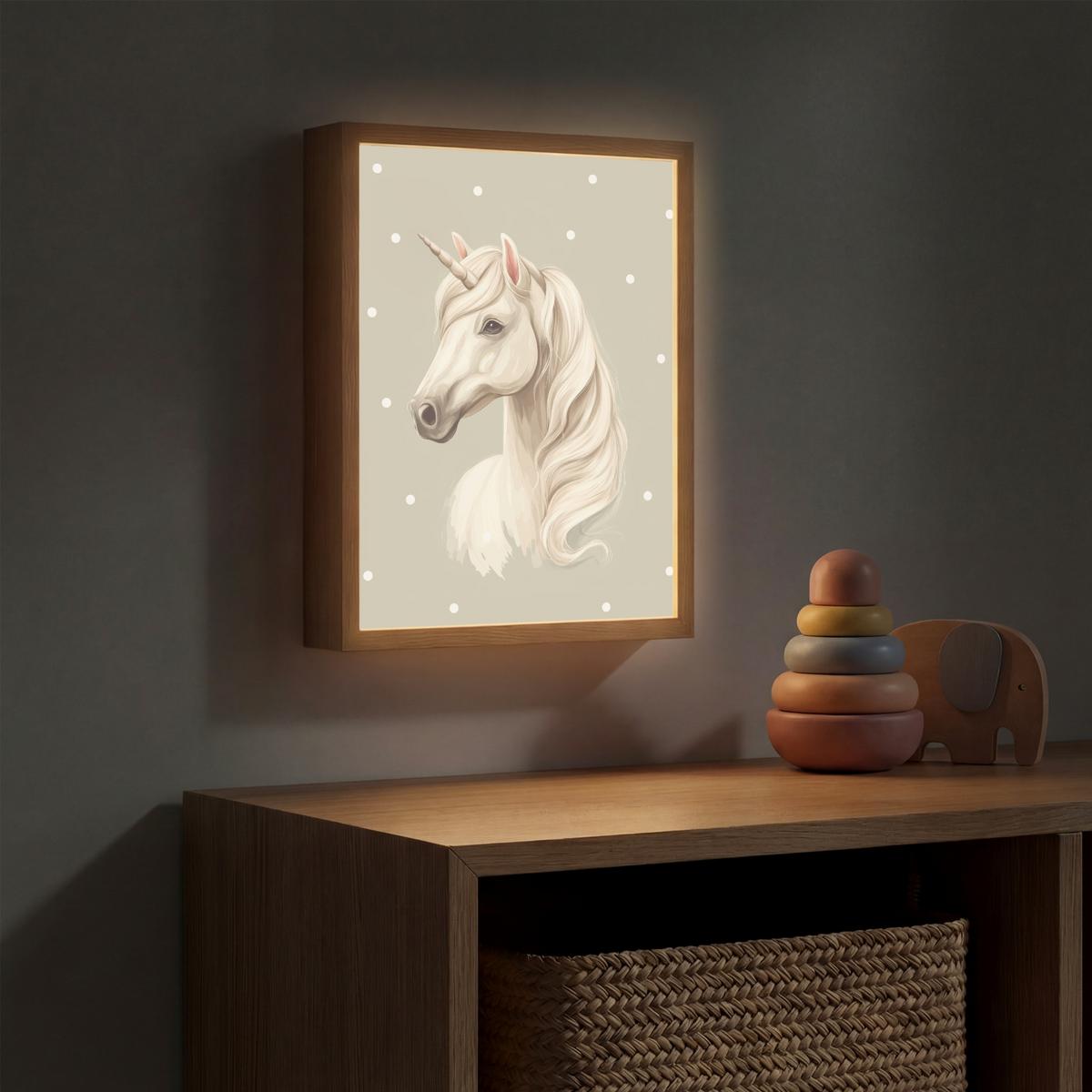 WANDLEUCHTE MIT AKKU Einhorn - Weiß - Punkte 30x40 cm - Taupe, Holzwerkstoff (30/40/8cm) - OnlyWow