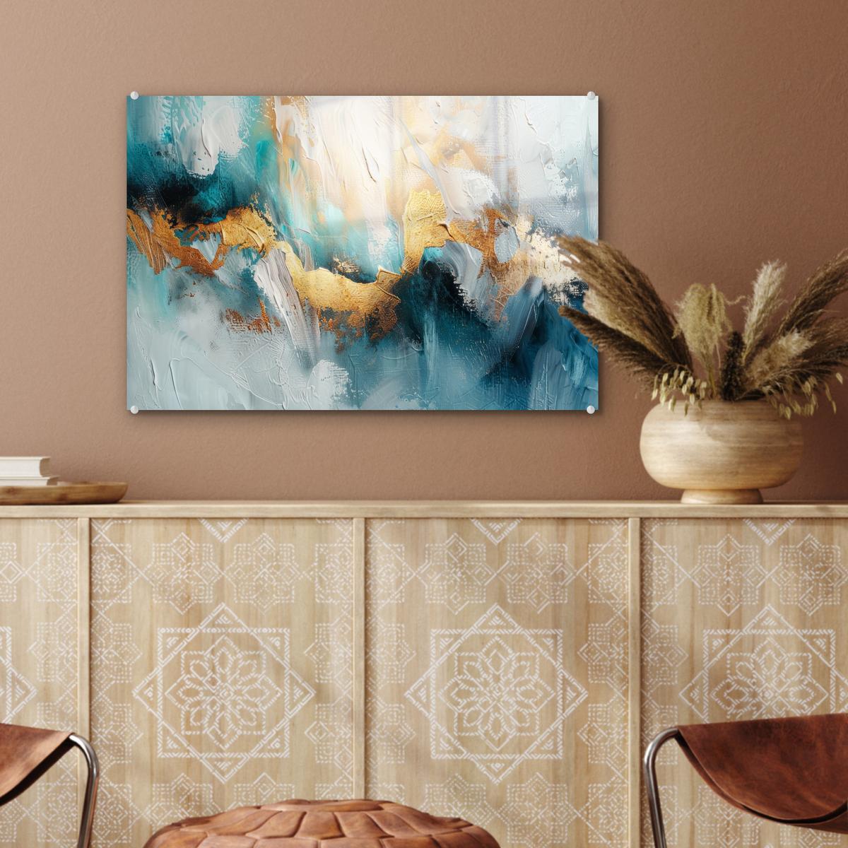 ACRYLGLASBILD Abstrakt - Kunst - Gold - Blau Wanddeko 60x40 cm - Petrol, Glas (60/40cm) - MuchoWow
